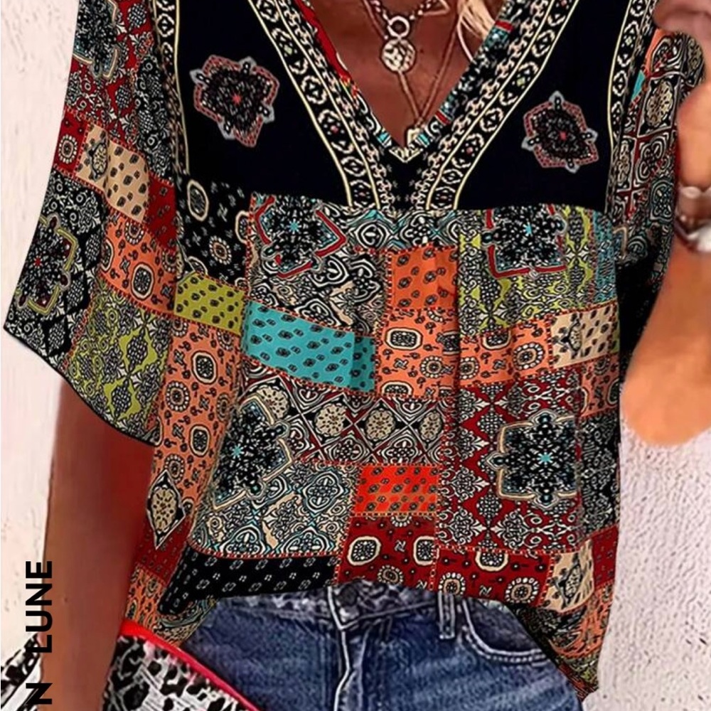 Patchwork V-Neck Women's Top